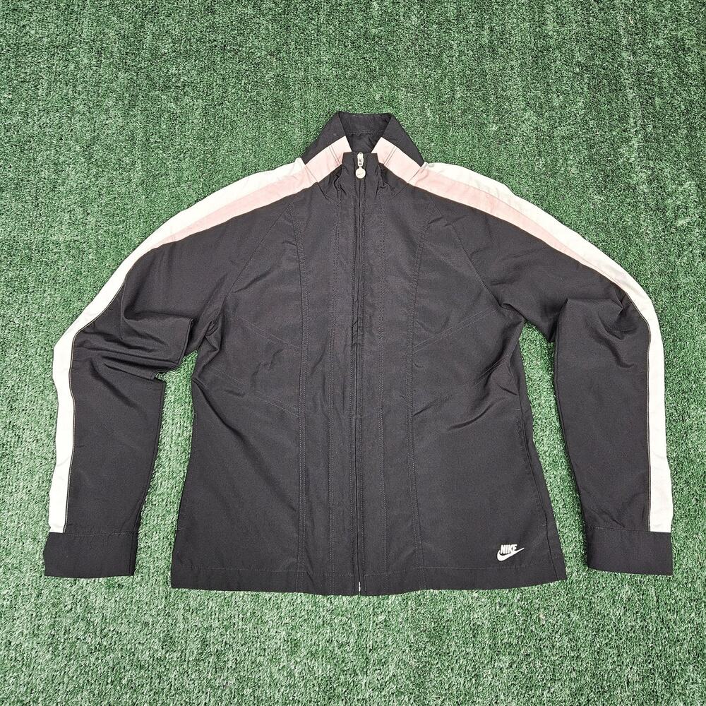 Nike Womens Active Sportswear Jacket Medium Headphone Pocket Black Pink Stripes